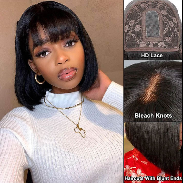 SDD Mini Lace Bob Wig with Bang Human Hair Straight Double Drawn Lace Wigs Human Hair For Women