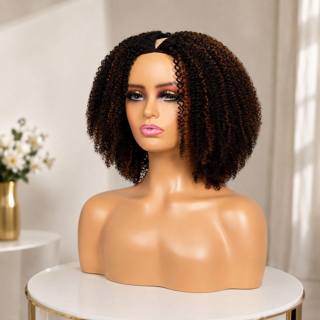 Hot Star Highlight Brown Natural Curly Seamless V-Part Wig