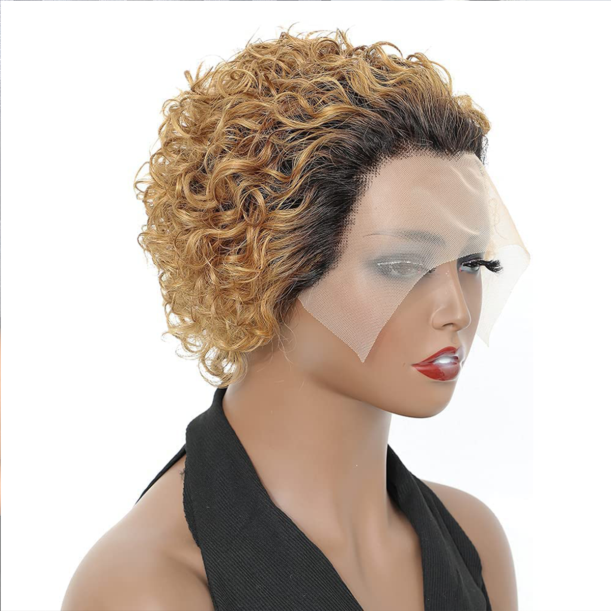 Curly Glueless Wig Short Curly Pixie Cut Wig 13x1 Lace Frontal Human Hair Wig Natural Black Color and Ombre Brown Color