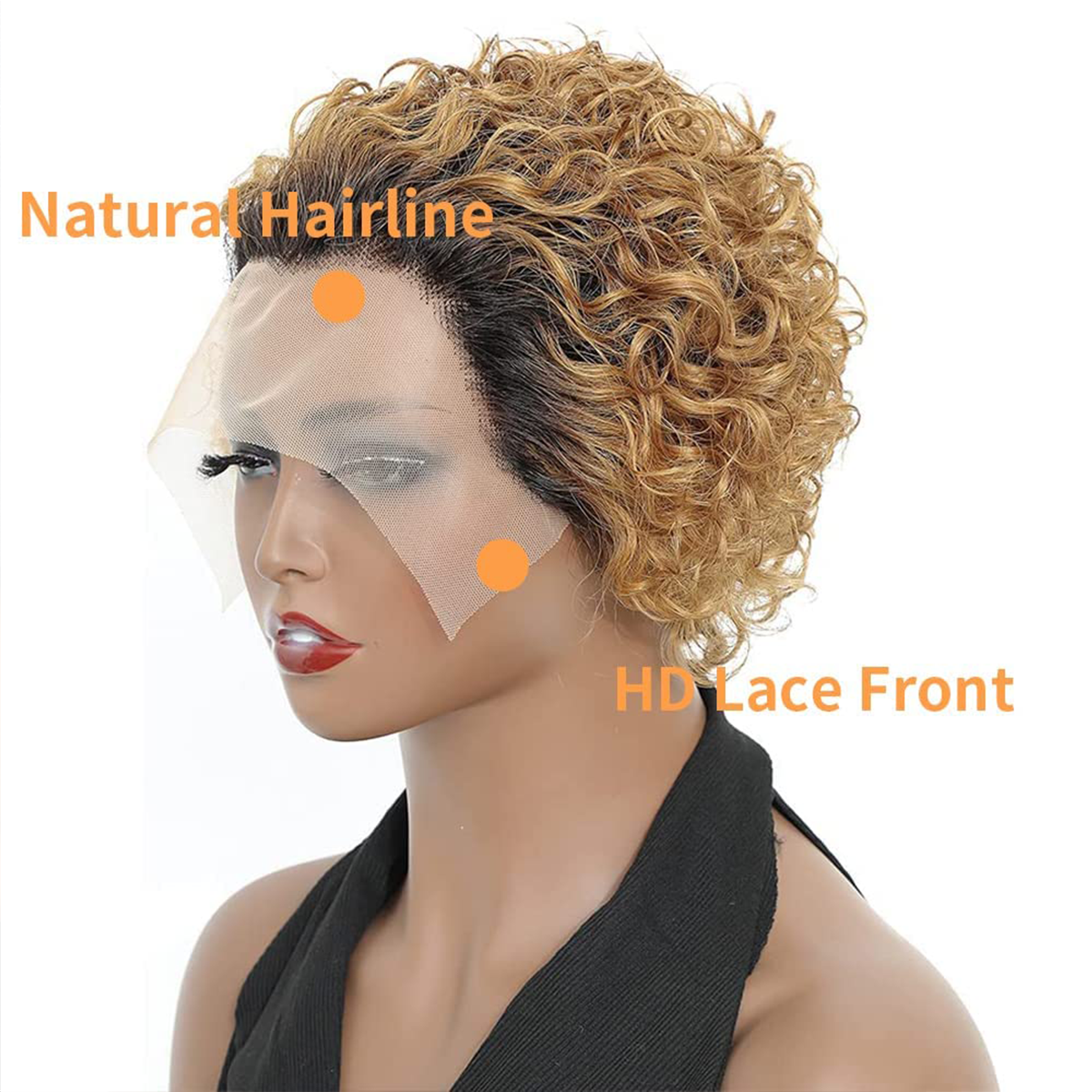 Curly Glueless Wig Short Curly Pixie Cut Wig 13x1 Lace Frontal Human Hair Wig Natural Black Color and Ombre Brown Color