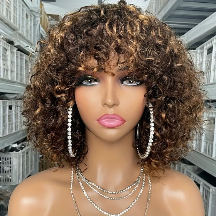 Peruvian Water Wave Human Hair Wigs With Bangs Short Human Hair Wigs For Black Mix#4/30 Women Remy Pixie Cut Bob Wig