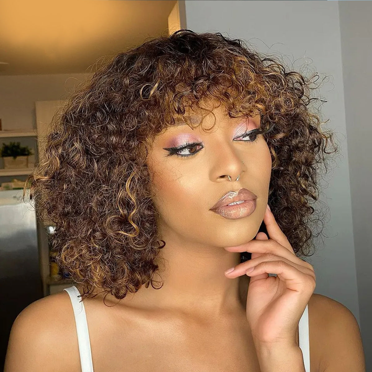 Glueless Wigs Short Cut Bob Water Wave Human Hair Wigs with Bangs Mix Color(#4/30) and 1B Wear and Go Water Wave Bob Wig