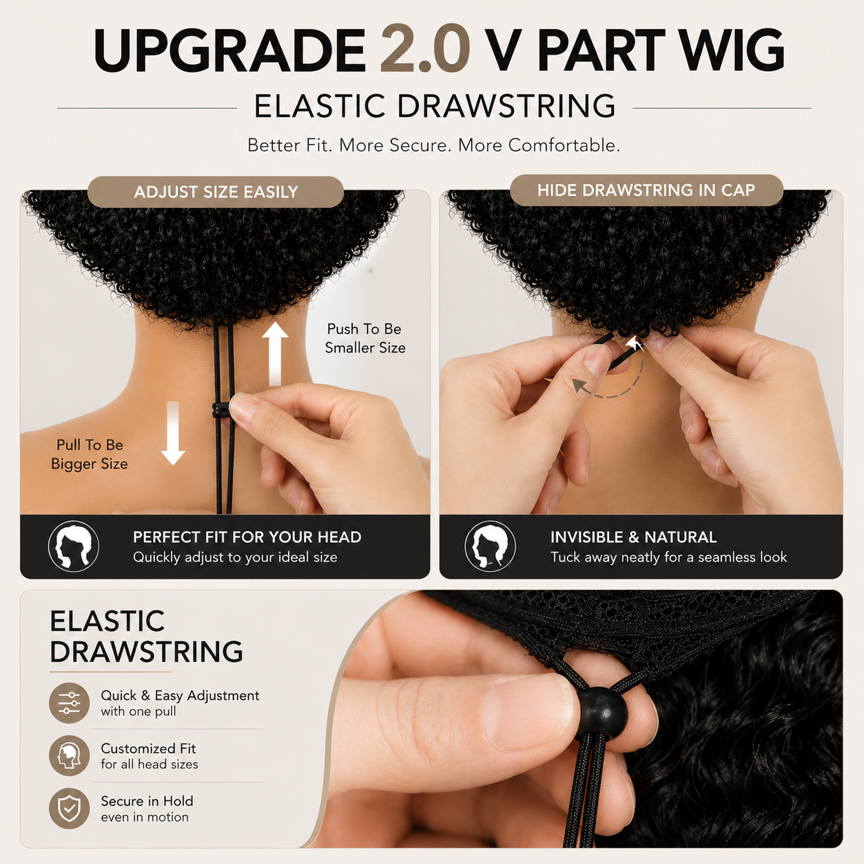 V Part Glueless Deep Curly Wigs Invisi Drawstring Natural Black Seamless Wear