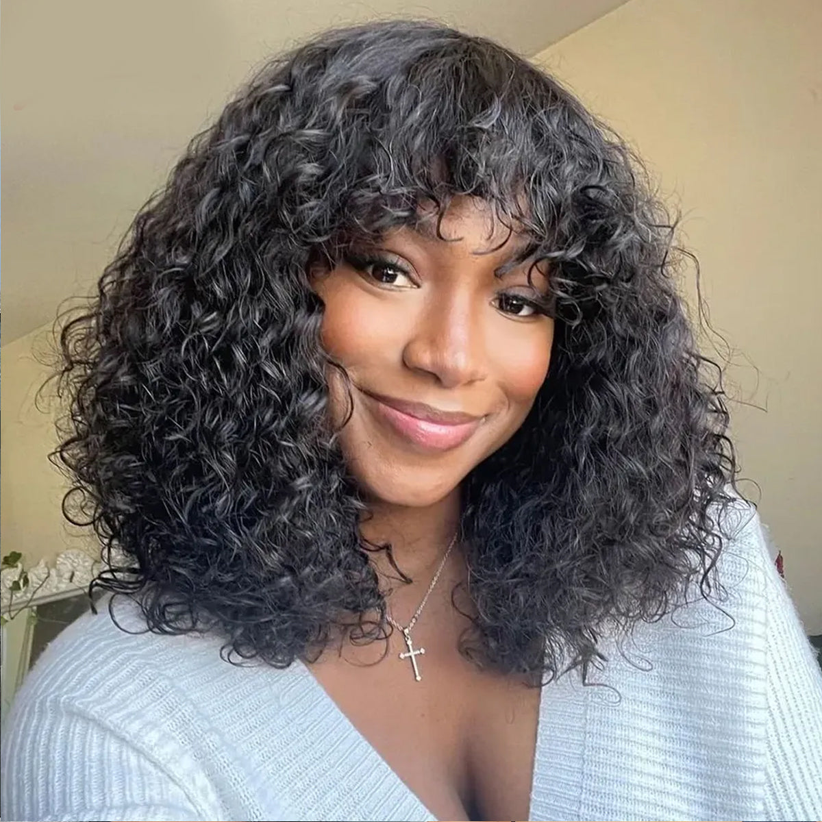 Glueless Wigs Short Cut Bob Water Wave Human Hair Wigs with Bangs Mix Color(#4/30) and 1B Wear and Go Water Wave Bob Wig