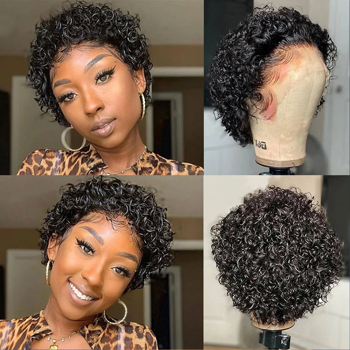 Curly Glueless Wig Short Curly Pixie Cut Wig 13x1 Lace Frontal Human Hair Wig Natural Black Color and Ombre Brown Color