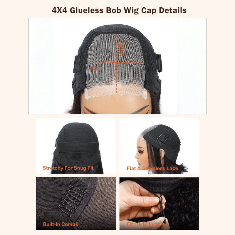 Yonova Pre-cap Glueless Pre Cut 4x4 Lace Straight Bob Human Hair Wig