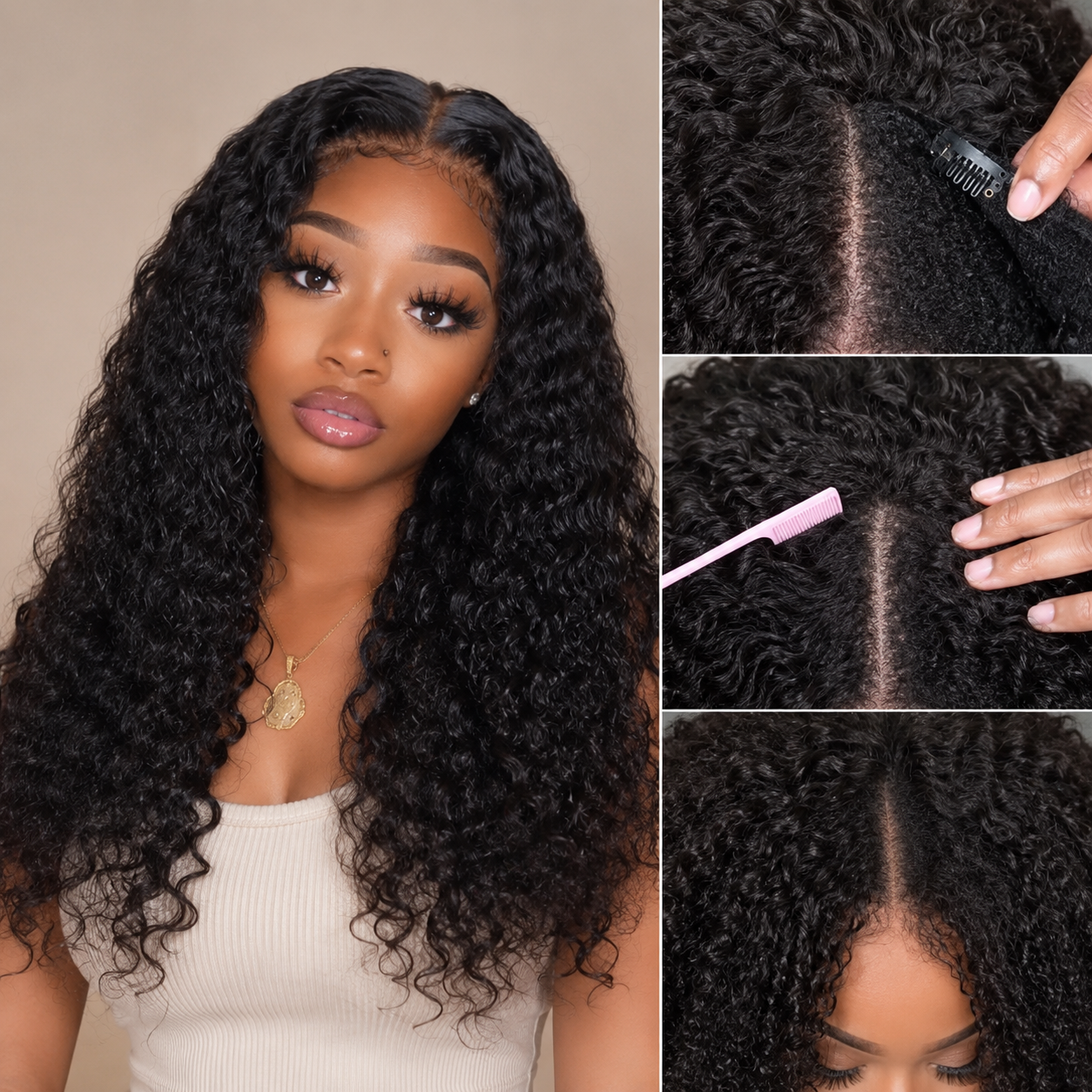 V Part Glueless Deep Curly Wigs Invisi Drawstring Natural Black Seamless Wear