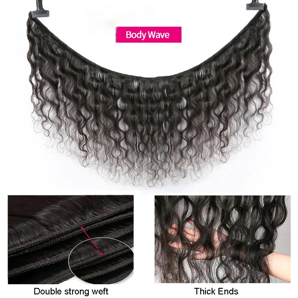 Yonova Body Wave Human Hair Bundles 100% Virgin Hair Bundles with 4x4 Lace Closure Brazilian Unprocessed Real Hair Weft Extensions for Sew In, Quick Weave, Traditional Double Drawn