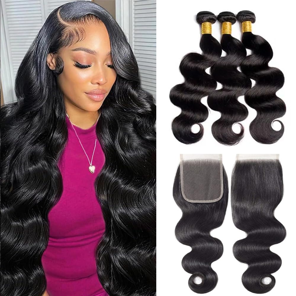 Yonova Body Wave Human Hair Bundles 100% Virgin Hair Bundles with 4x4 Lace Closure Brazilian Unprocessed Real Hair Weft Extensions for Sew In, Quick Weave, Traditional Double Drawn