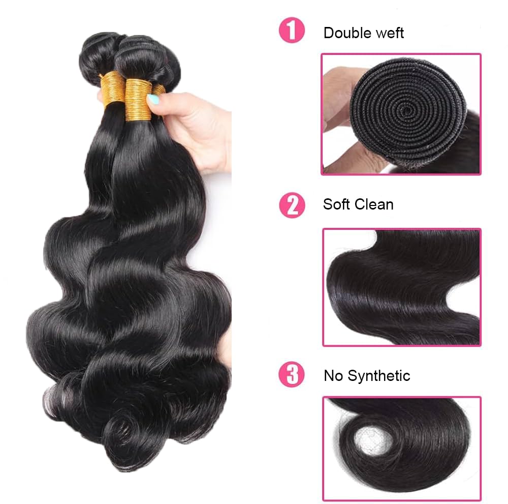 Yonova Body Wave Human Hair Bundles 100% Virgin Hair Bundles with 4x4 Lace Closure Brazilian Unprocessed Real Hair Weft Extensions for Sew In, Quick Weave, Traditional Double Drawn