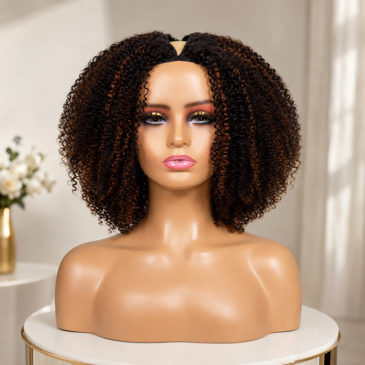 Hot Star Highlight Brown Natural Curly Seamless V-Part Wig