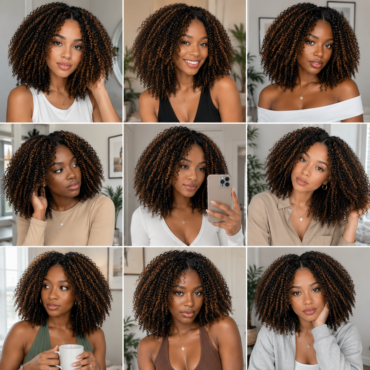 Hot Star Highlight Brown Natural Curly Seamless V-Part Wig