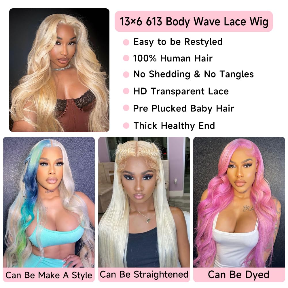 613 Blonde Lace Frontal Wig Brazilian 13×6 Body Wave Lace Front Wig 180% / 250% Density Straight or Body Wave Human Hair Lace Wigs