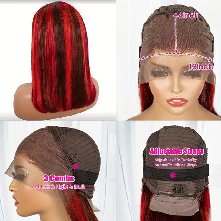 Glueless Bob 4/RED Full Frontal Wig Straight Bob Wigs Human Hair