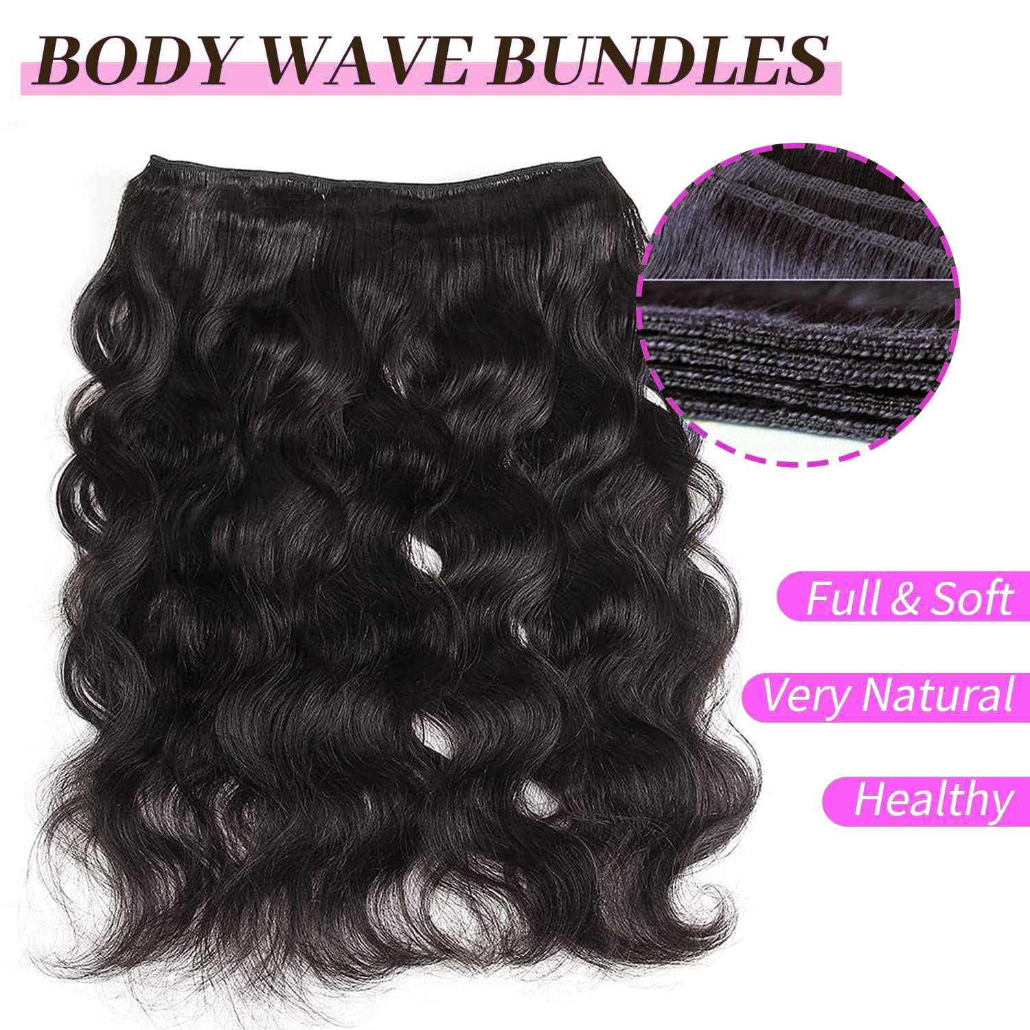 Yonova Body Wave Human Hair Bundles 100% Virgin Hair Bundles with 4x4 Lace Closure Brazilian Unprocessed Real Hair Weft Extensions for Sew In, Quick Weave, Traditional Double Drawn