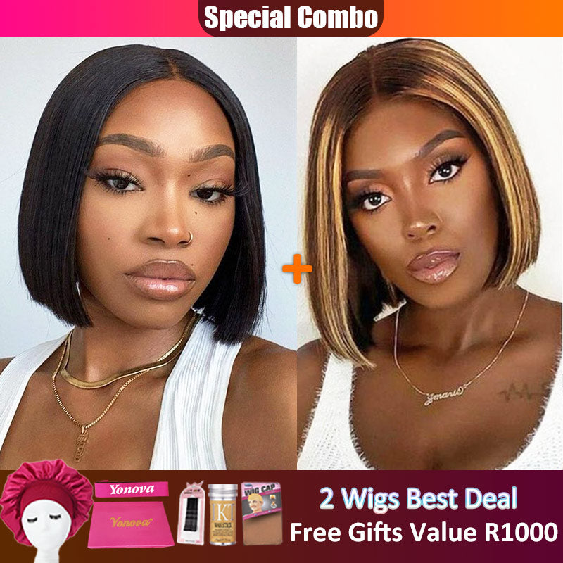 Hot combo | 4X4 Full Frontal Lace Natural Color Straight Bob Wig+4/27 Piano Color BOB Wig