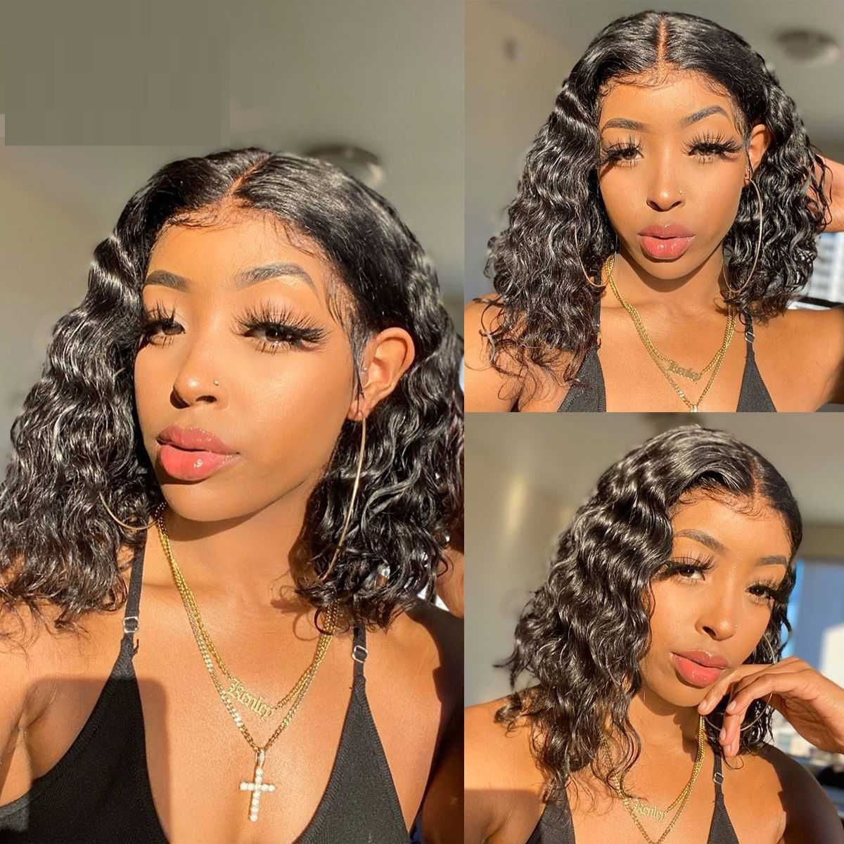Yonova Short Cut Water Wave Bob Wigs Human Hair 13x4 Lace Front Wigs for Women