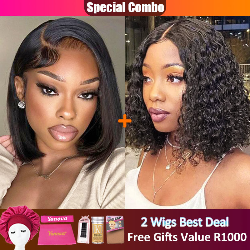Hot combo | 13x4 Full Frontal Straight Bob Wig+4x4 WaterWave Bob Wig