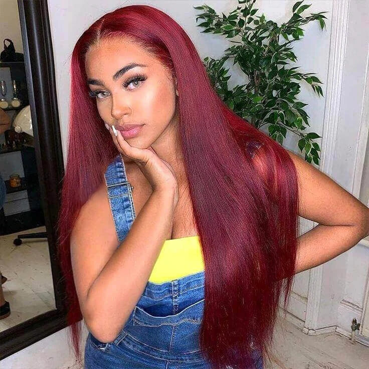 99j Hair Color Straight Burgundy Wig Human Hair 13x6 HD Glueless Straight Lace Frontal Wigs 99J 180% Density Brazilian Virgin Human Hair Wigs for Women Pre Plucked with Baby Hair
