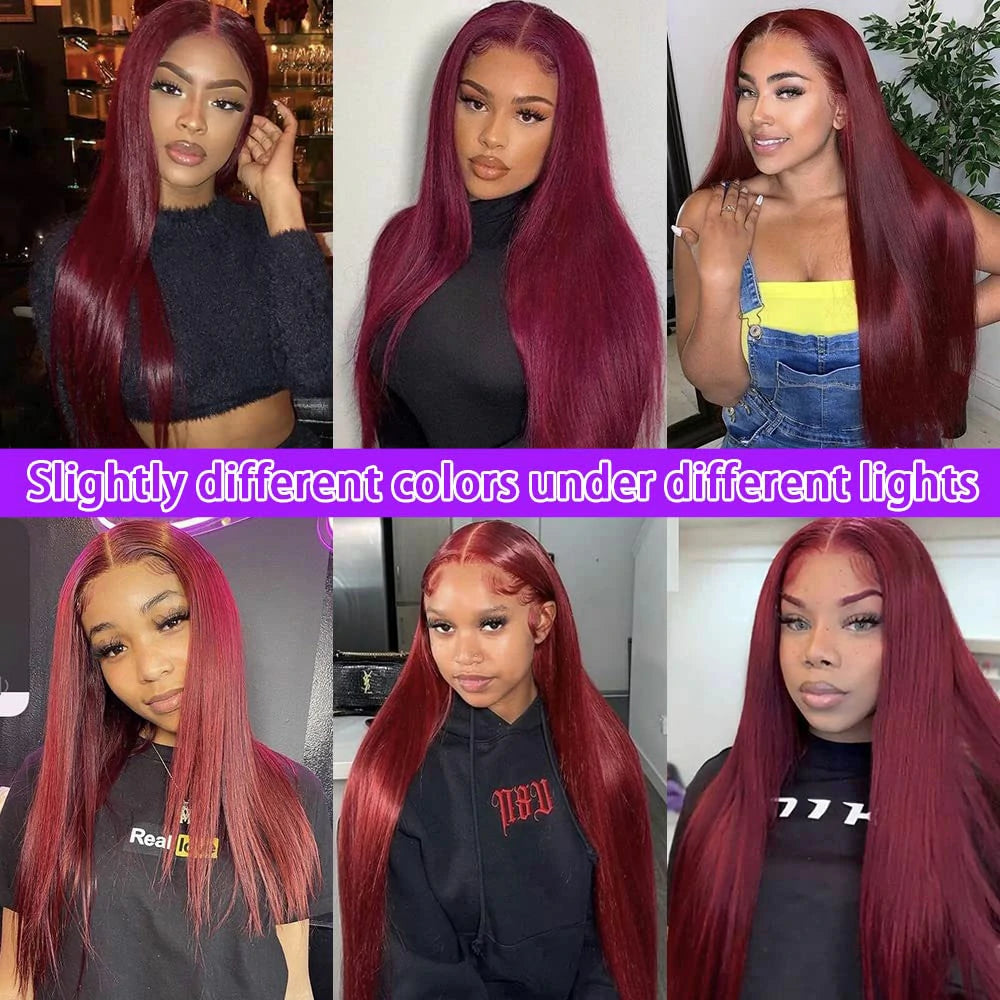 99j Hair Color Straight Burgundy Wig Human Hair 13x6 HD Glueless Straight Lace Frontal Wigs 99J 180% Density Brazilian Virgin Human Hair Wigs for Women Pre Plucked with Baby Hair