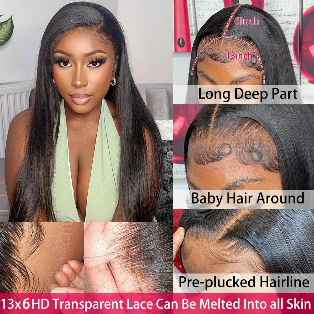 Straight Glueless Lace Front Wigs Human Hair Pre Plucked Bleached Knots 13x6 HD Lace Front Wigs Human Hair 180% Density Lace Frontal Wigs Human Hair with Baby Hair Hairline Glueless Wigs