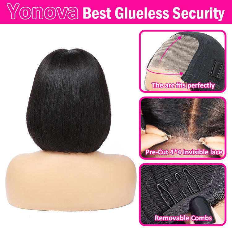 Wear and Go Glueless Wigs Human Hair Pre Plucked Straight Short Bob Wig Human Hair Lace Front Wigs for Beginners Upgraded No Glue Pre Cut 4x4 Lace Closure Glueless Wigs Human Hair 10 Inch