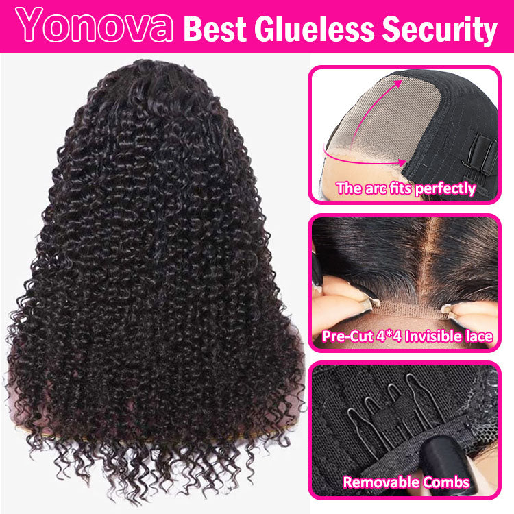 Wear And Go Jerry Curly Glueless Wigs Human Hair Pre Plucked Pre Cut 4x4 Lace Closure Wigs Deep Curly Virgin Brazilian Human Hair Wig for Beginners Jerry Curly 3 Seconds to Wear Glueless Wig 20 INCH