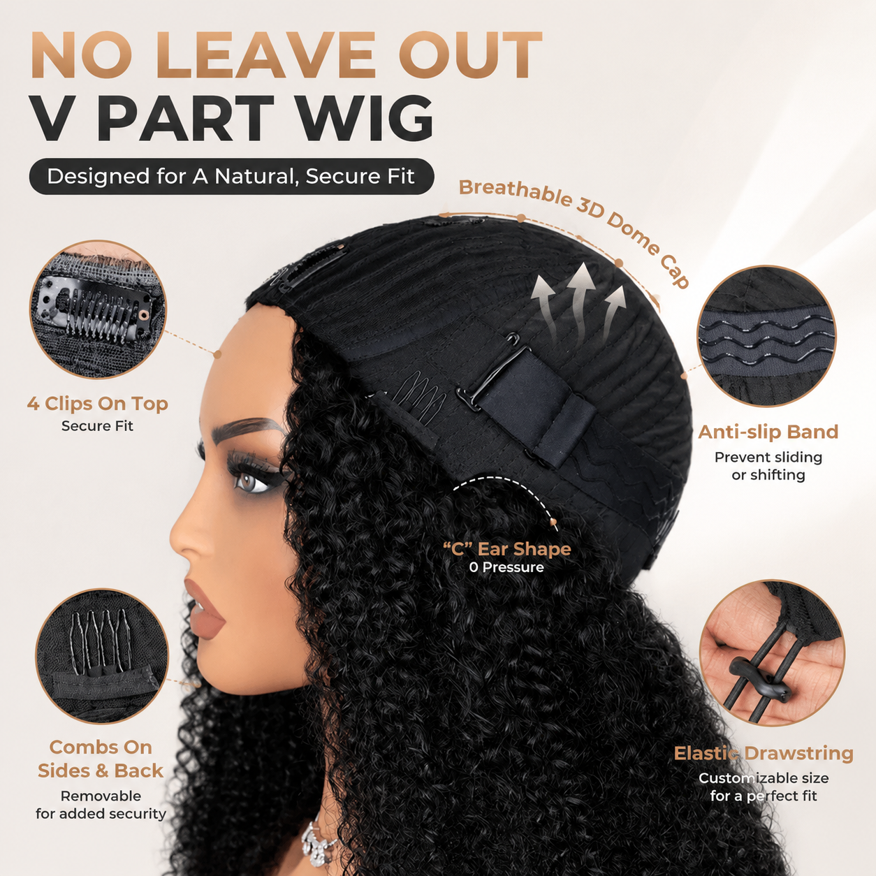 YonovaHair Natural Curly Seamless V-Part Human Hair Wig Glueless Natural Hairline Real Scalp Wig