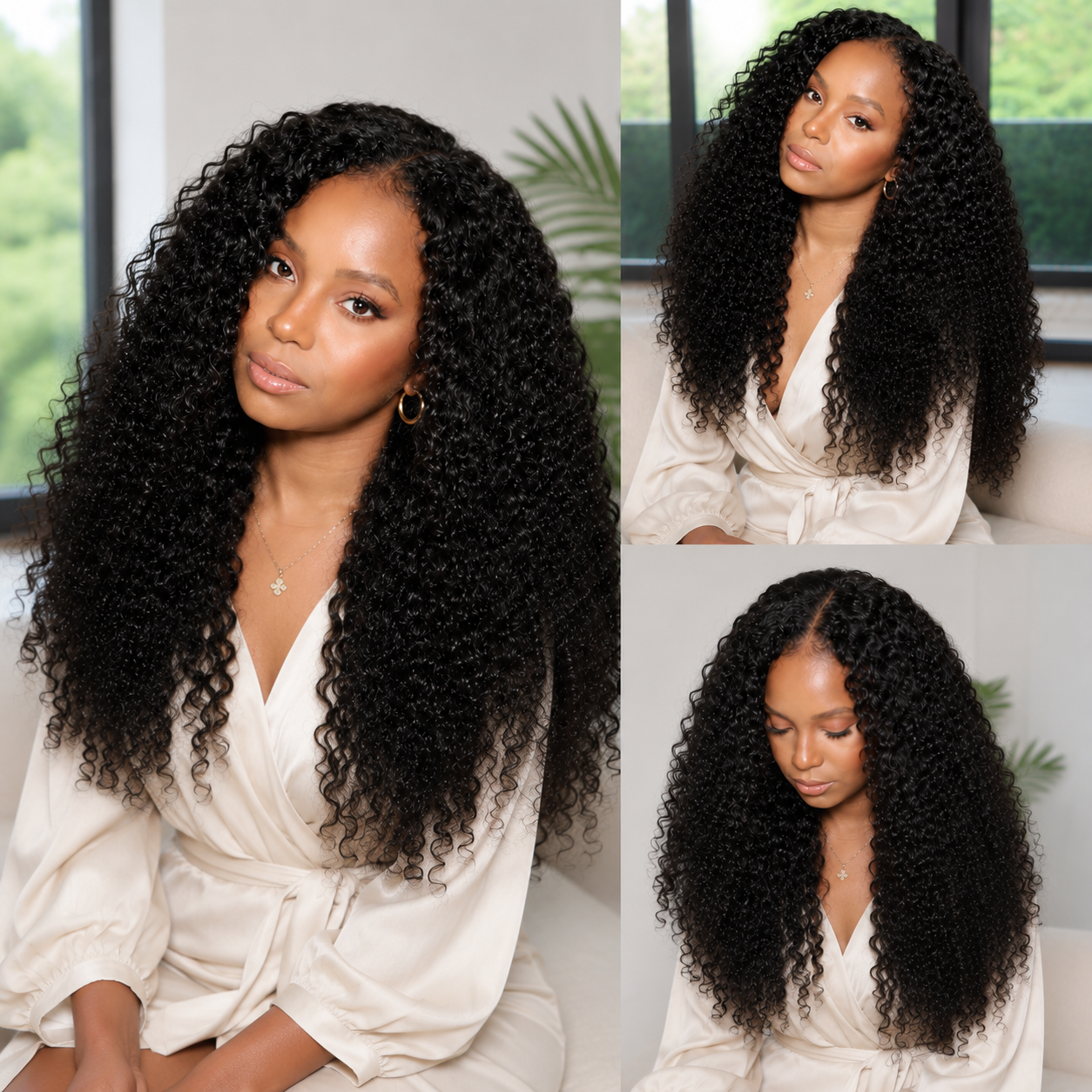 V Part Glueless Deep Curly Wigs Invisi Drawstring Natural Black Seamless Wear