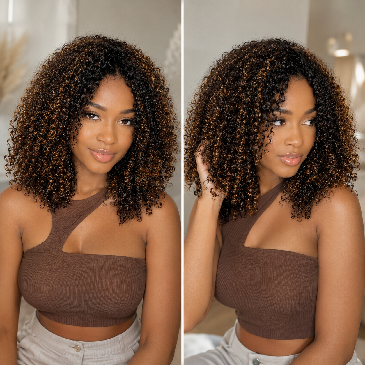 Hot Star Highlight Brown Natural Curly Seamless V-Part Wig