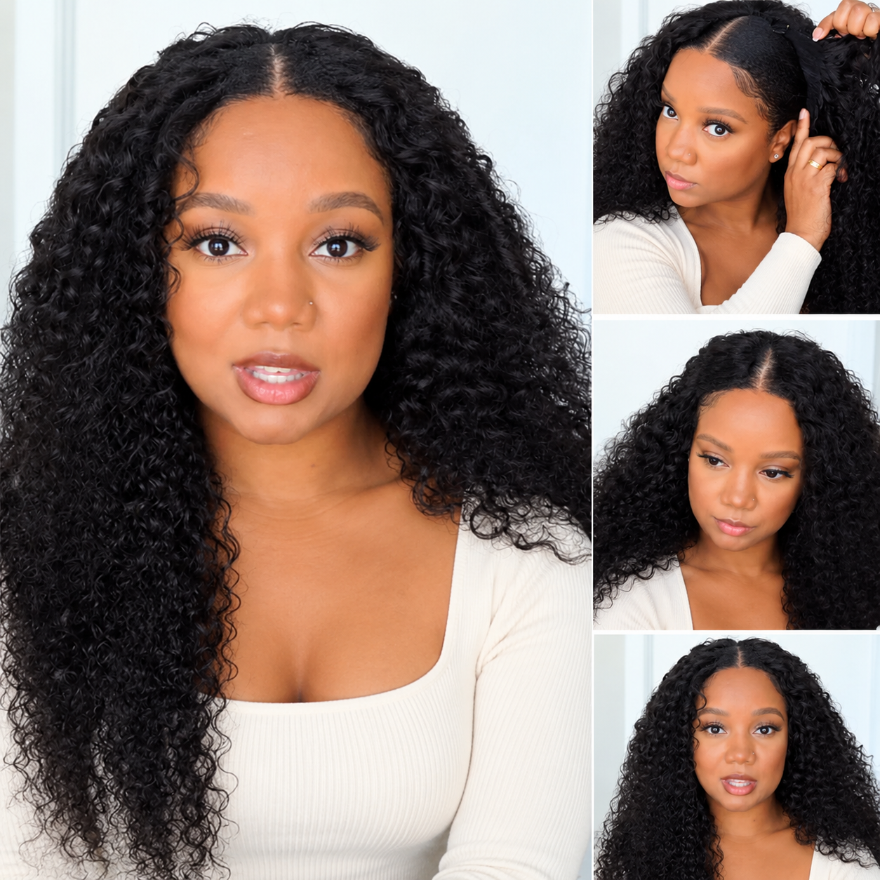 V Part Glueless Deep Curly Wigs Invisi Drawstring Natural Black Seamless Wear