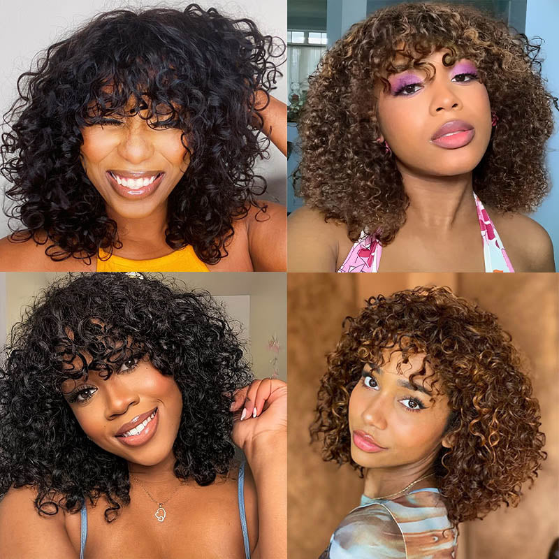 Peruvian Water Wave Human Hair Wigs With Bangs Short Human Hair Wigs For Black Mix#4/30 Women Remy Pixie Cut Bob Wig