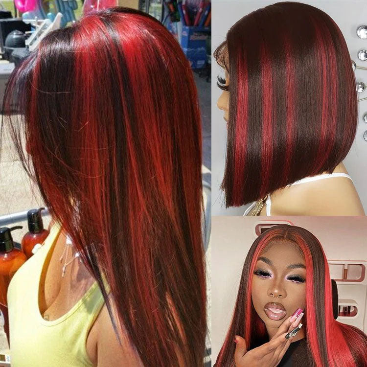 Glueless Bob 4/RED Full Frontal Wig Straight Bob Wigs Human Hair