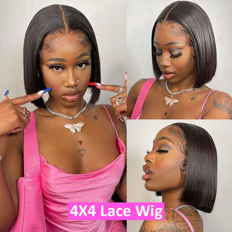 Wear and Go Glueless Wigs Human Hair Pre Plucked Straight Short Bob Wig Human Hair Lace Front Wigs for Beginners Upgraded No Glue Pre Cut 4x4 Lace Closure Glueless Wigs Human Hair 10 Inch