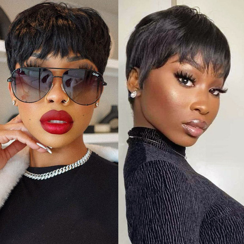 Short Human Hair Wigs Pixie Cut Straight Machine Made Wigs With Bangs Glueless Wig