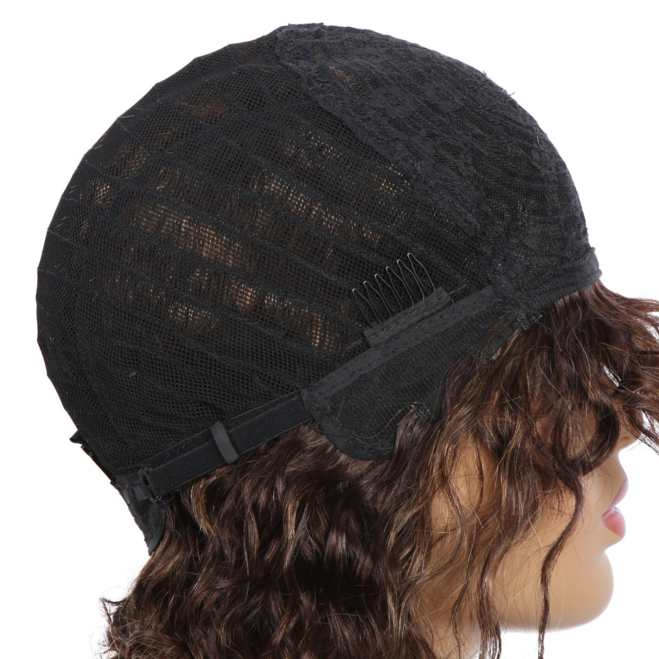 Short Wavy Bob Wig With Bangs For Women Human Hair Remy Without Glue Full Machine