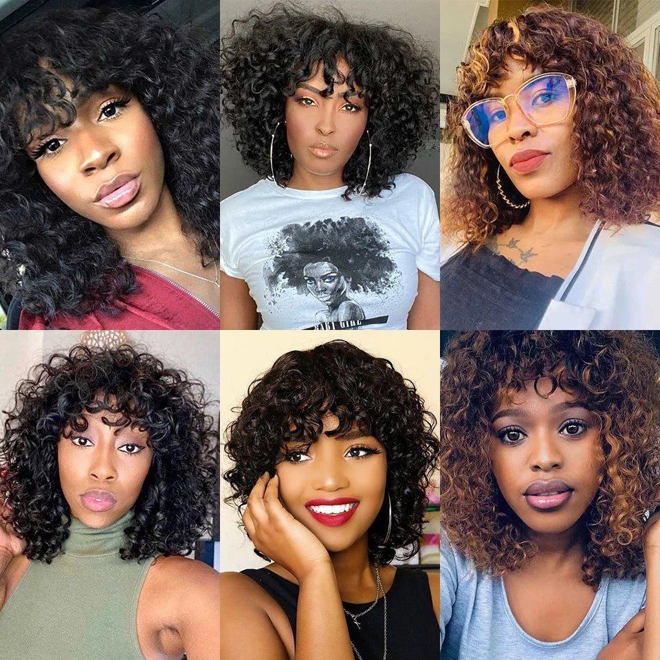 Peruvian Water Wave Human Hair Wigs With Bangs Short Human Hair Wigs For Black Mix#4/30 Women Remy Pixie Cut Bob Wig