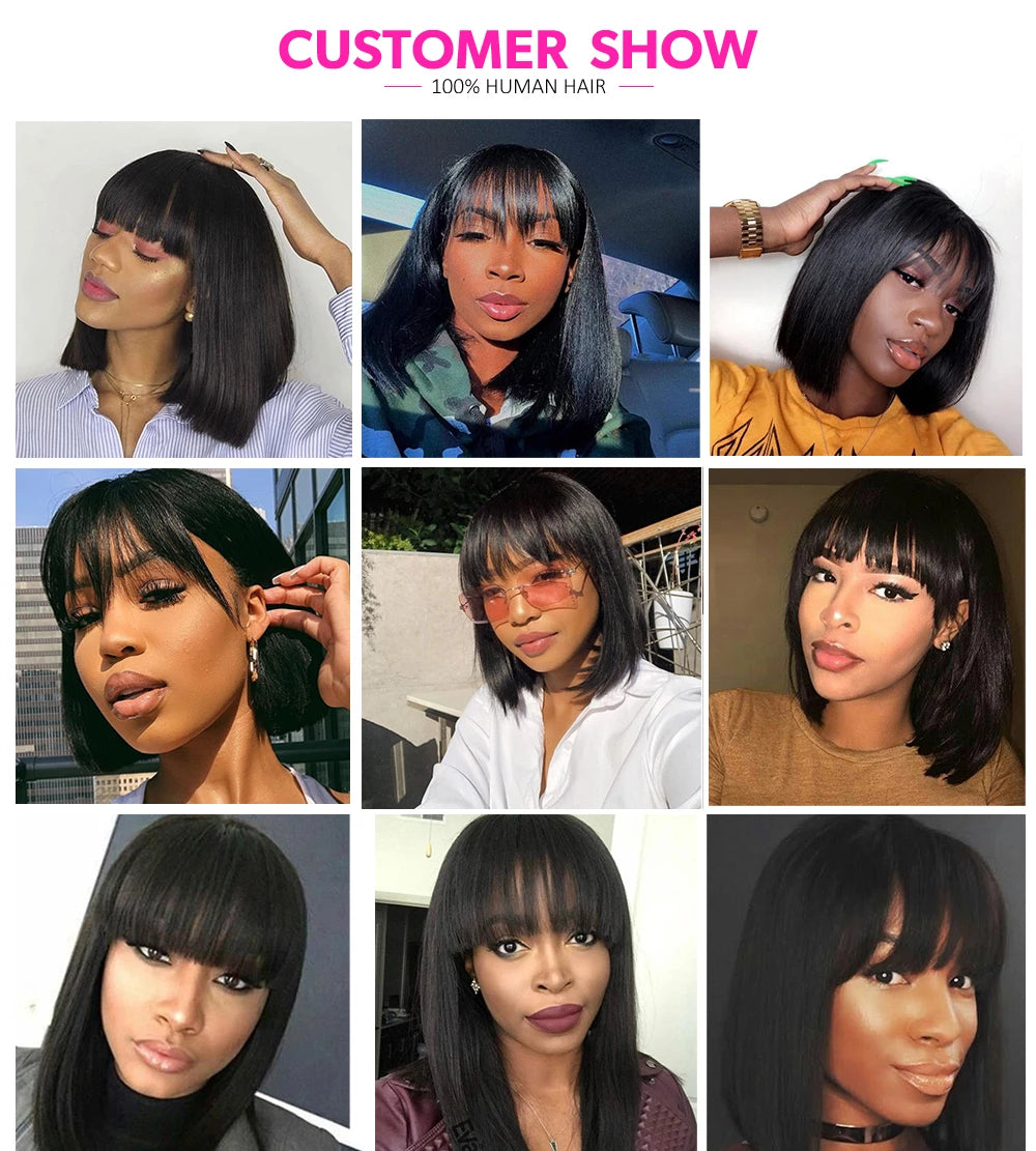 Straight Bob Human Hair Wigs With Bangs For Women Wigs Brazilian Remy Short Human Hair Bob Wig Fringe Wig