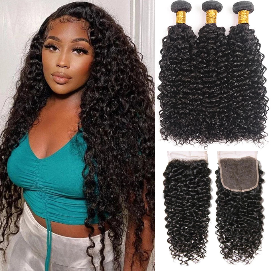 Yonova 4X4 Kinky Curly 3 Bundles With Closure Human Hair