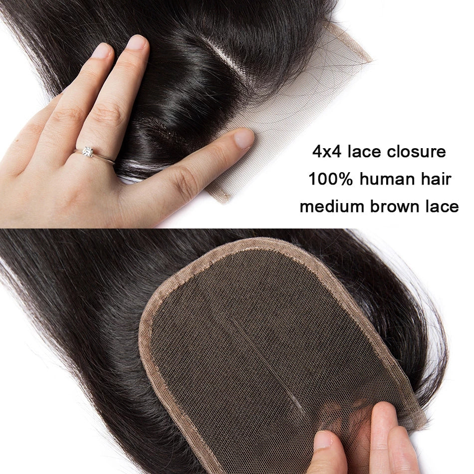 3 Bundles Straight Human Hair with 4x4 HD Lace Closure Remy Human Hair Weave Bundles Yonova Hair