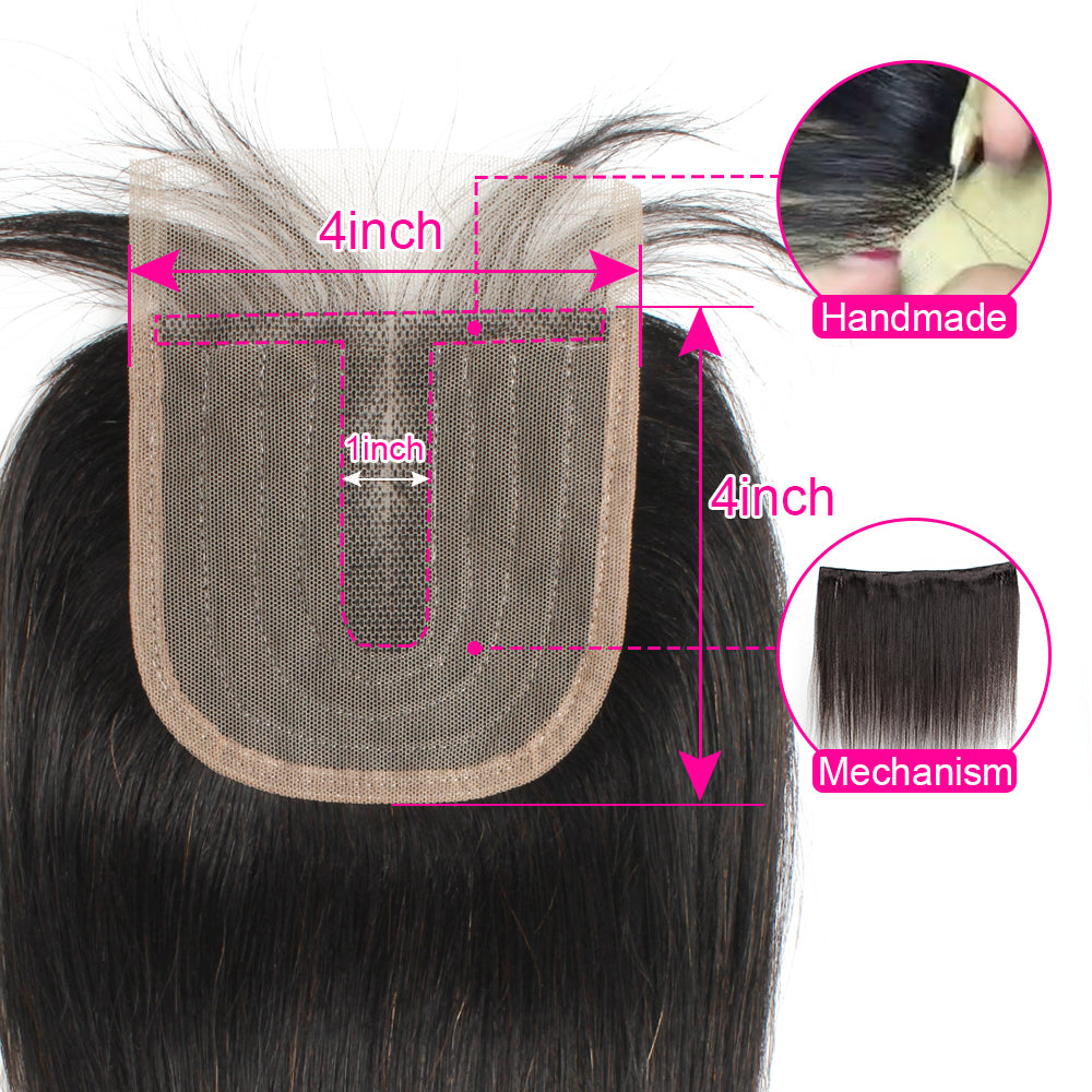 3 Bundles With Closure Middle Part Natural Color Virgin Human Hair Extension