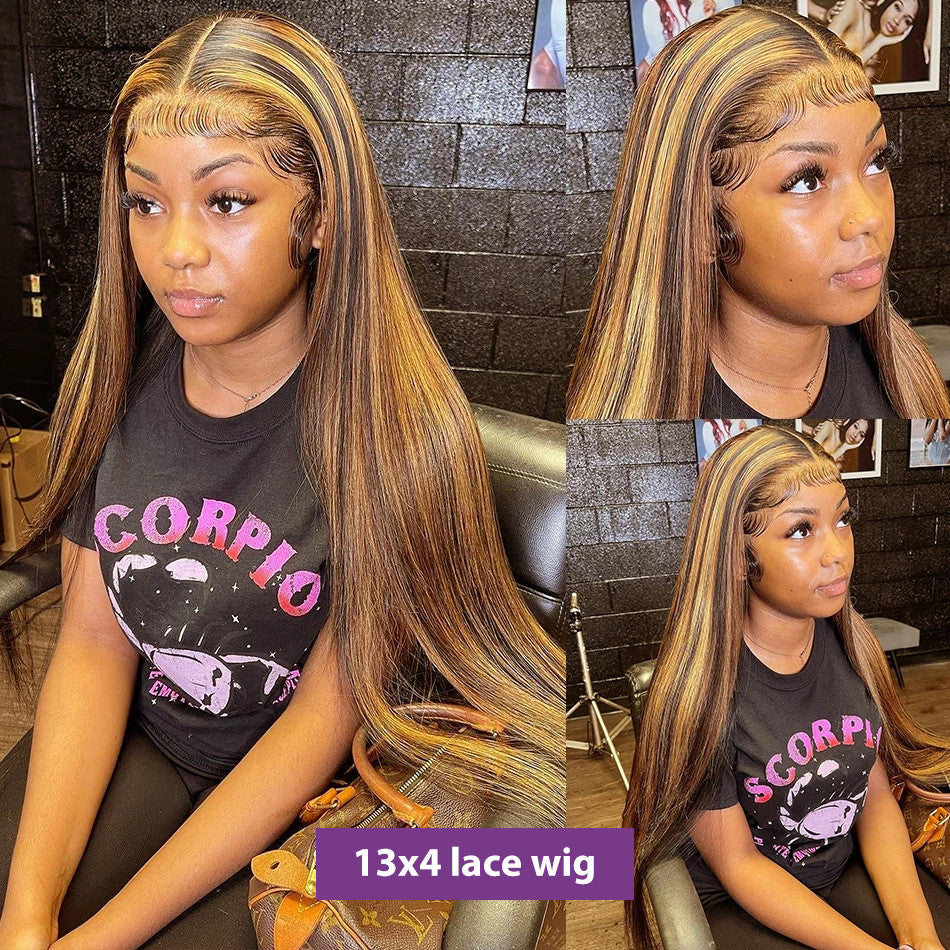 Highlight Lace Wig 13x4 Human Hair Lace Frontal Wig For Women Mongolian Hair  Honey Blonde Straight Lace Front Wigs