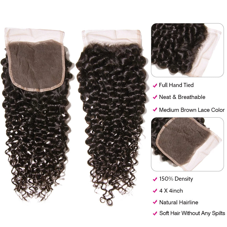 Yonova 4X4 Kinky Curly 3 Bundles With Closure Human Hair