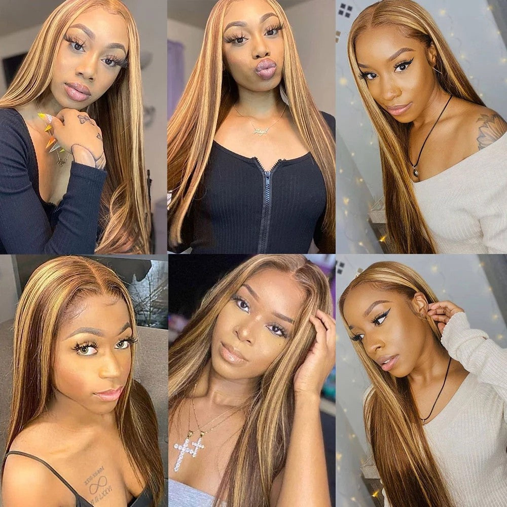 Highlight 4/27 13X4 Lace Front Wig Straight Human Hair Deep Part Closure Brazilian Lace Closure Remy Hair