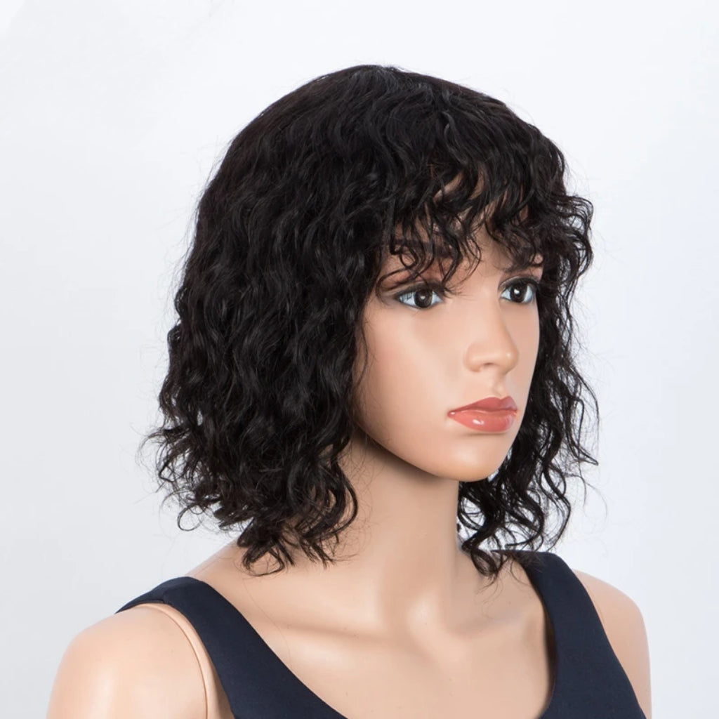 Short Wavy Bob Wig With Bangs For Women Human Hair Remy Without Glue Full Machine