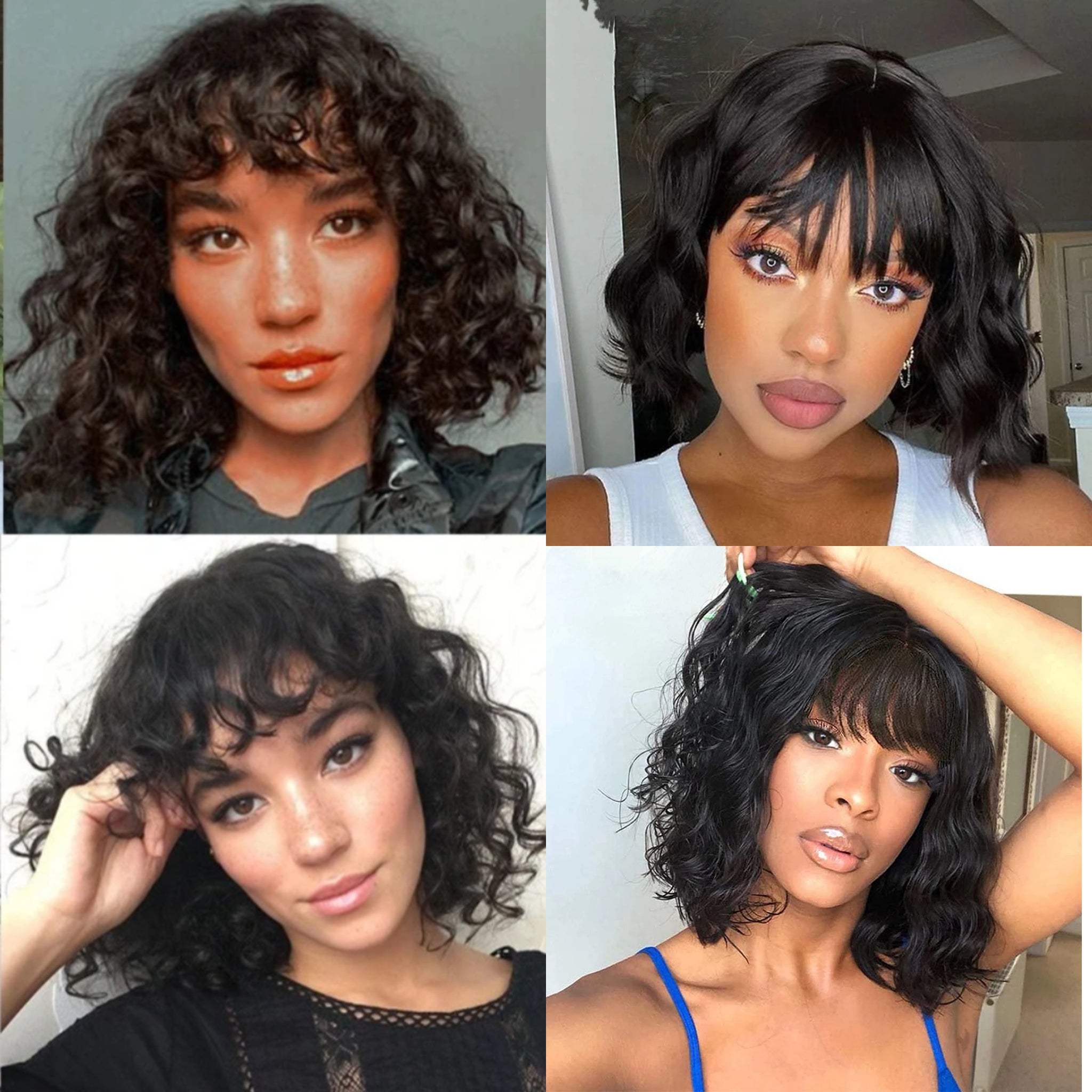Short Wavy Bob Wig With Bangs For Women Human Hair Remy Without Glue Full Machine