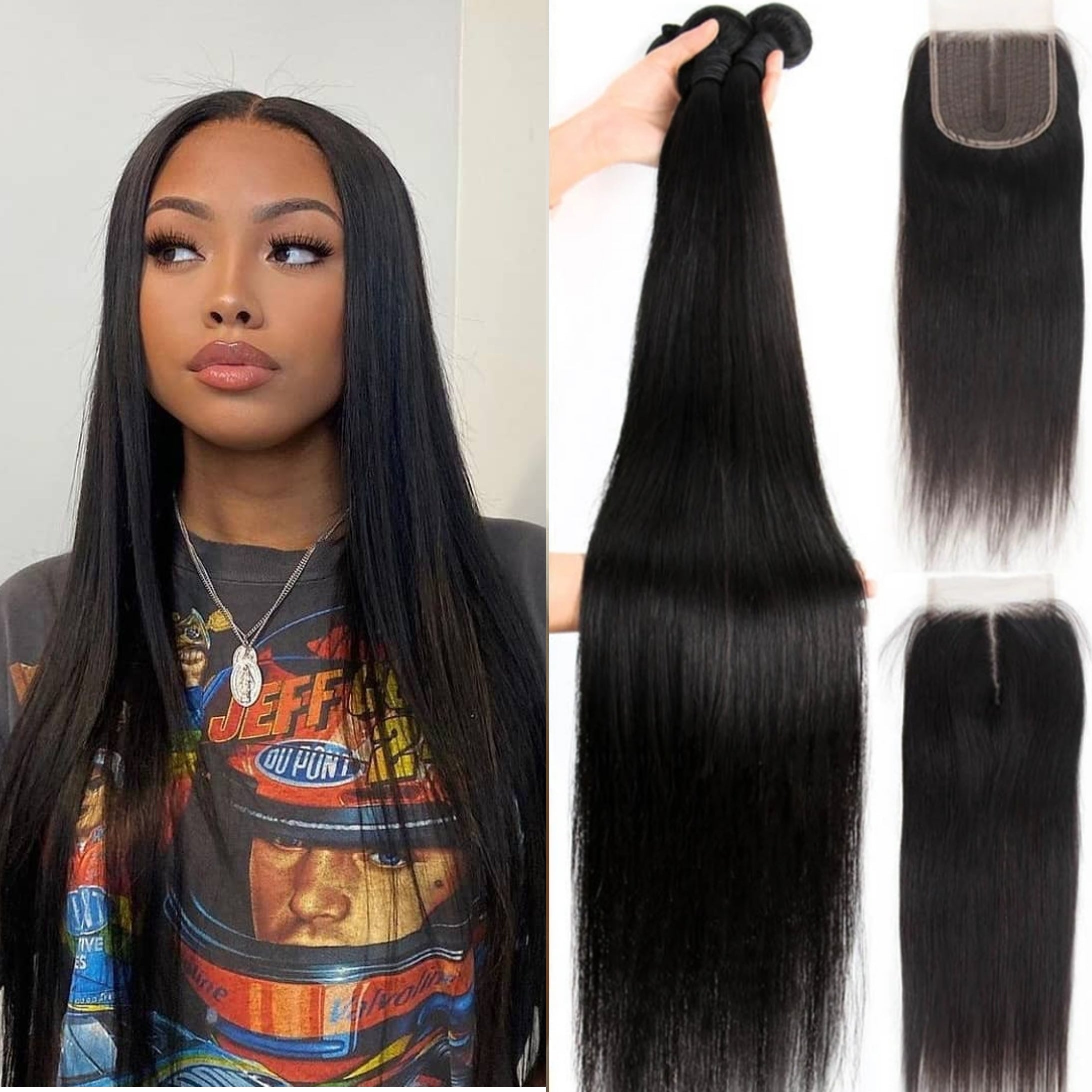 3 Bundles With Closure Middle Part Natural Color Virgin Human Hair Extension