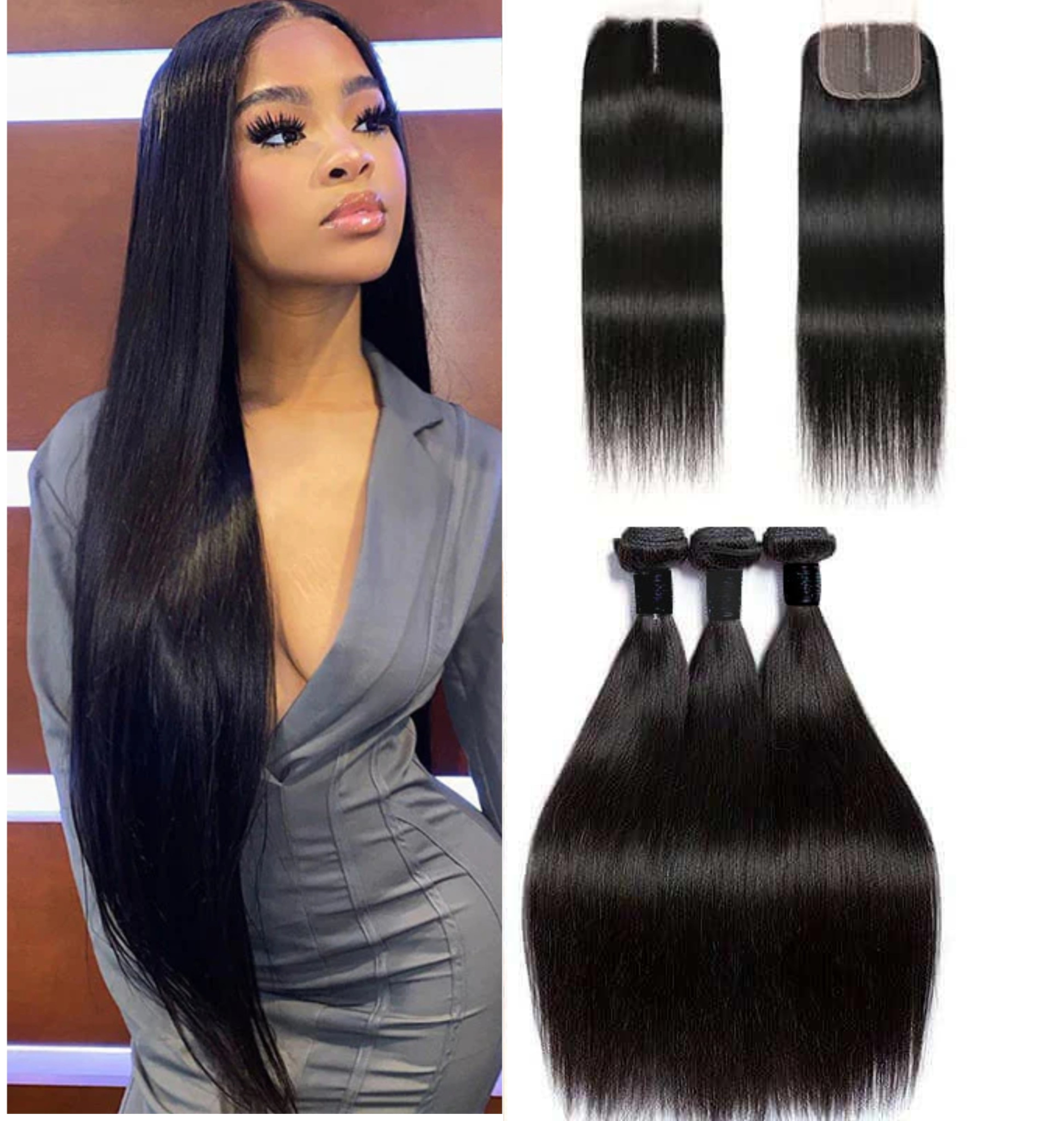 3 Bundles With Closure Middle Part Natural Color Virgin Human Hair Extension