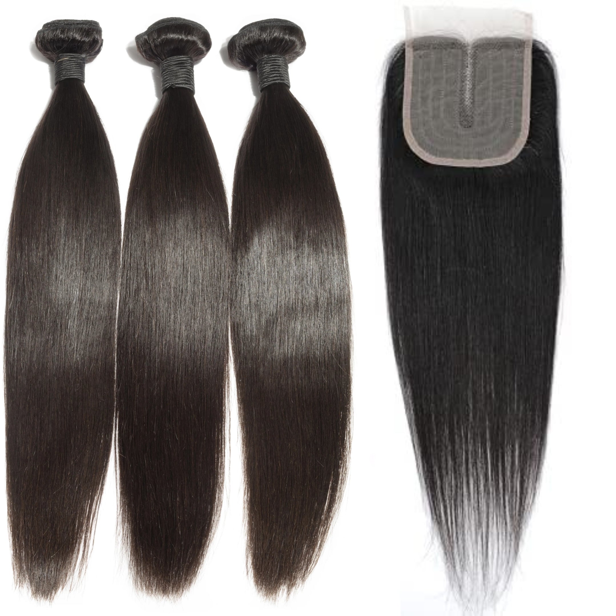 3 Bundles With Closure Middle Part Natural Color Virgin Human Hair Extension