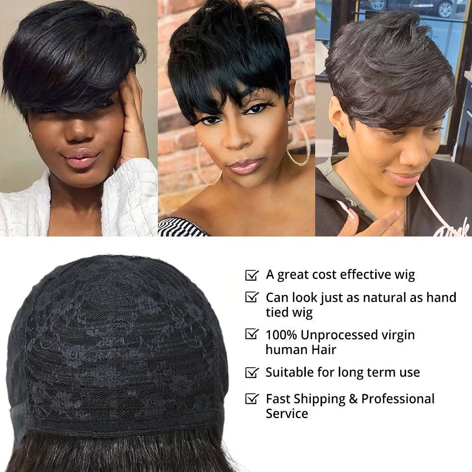 Short Human Hair Wigs Pixie Cut Straight Machine Made Wigs With Bangs Glueless Wig